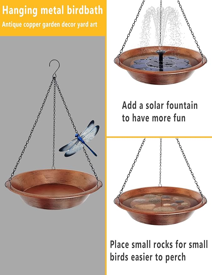 Hanging Bird Bath for Outdoor, Antique Copper Metal Bird Feeder Birdbath Bowl with 17” Rust-Proof Black Chains for Garden Backyard Decor