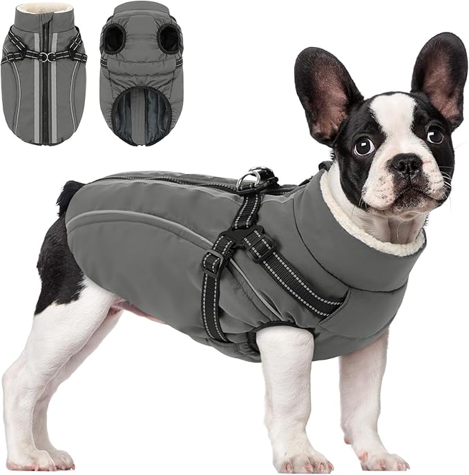 Dog Winter Coat with Harness Built in Warm Puffer Dog Jackets for Small Medium Large Dogs Windproof Waterproof Outfit with Plush Lining and Reflective Stripes (Grey, L)