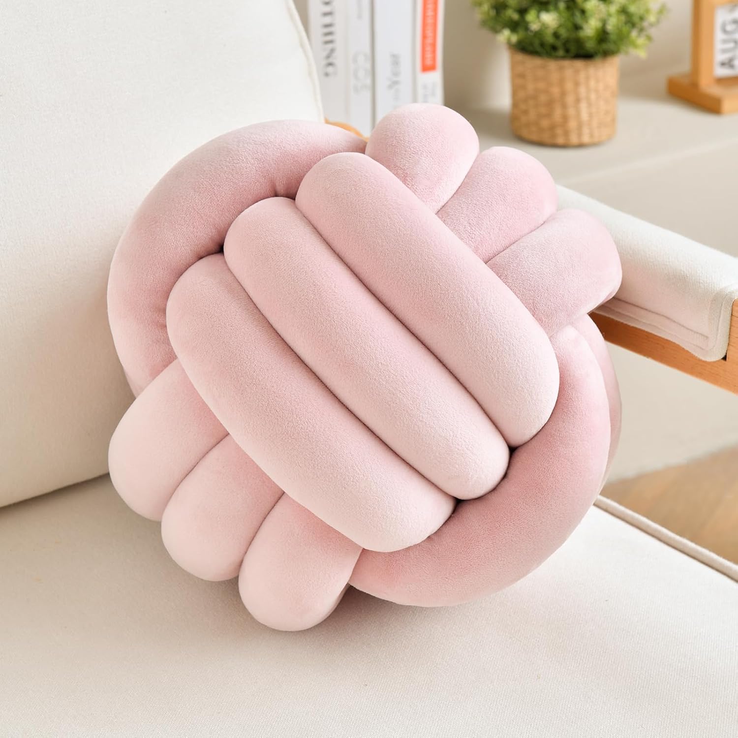 Decorative Throw Knot Pillow Ball for Home Chair Sofa Couch Bed Aesthetic Round Velvet Knotted Pillow Cushion (Pink, 11 inches)