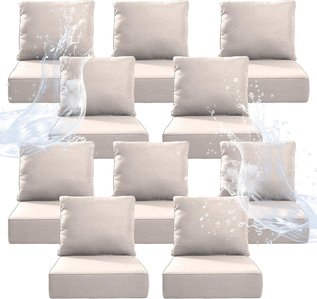 6" Thicker Outdoor Chair Cushion 10 Sets - 24" *24" *6" Waterproof Patio Furniture Cushions with Removable Cover, 28D High Density Sponge Filling Thicken Outdoor Patio Cushions - Beige