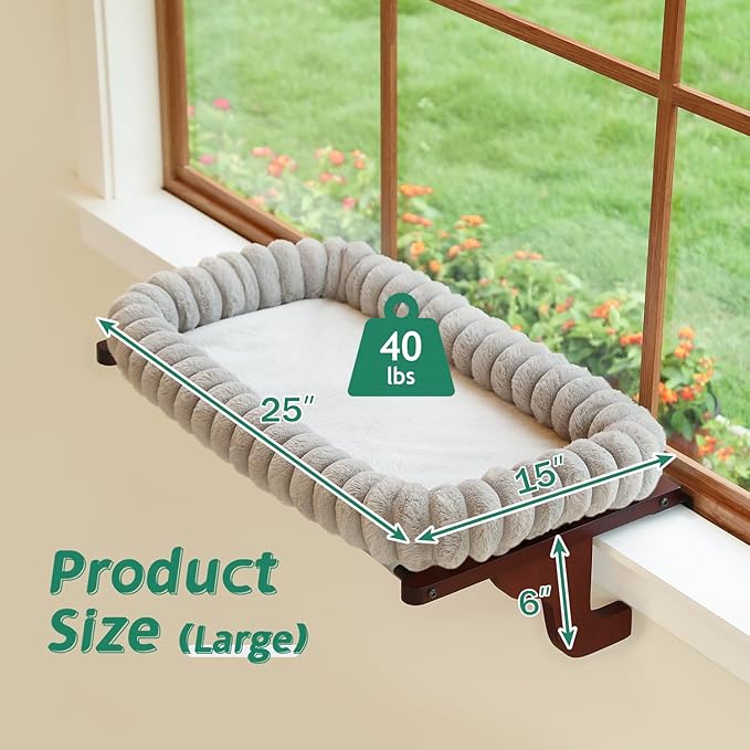 Zakkart SnugCloud Cat Window Perch with 4-Sided Bolster - Orthopedic Cat Hammock for Window Sill - Solid Hardwood & Metal Frame - Window Seat for Pets (Dark Stained Wood w/Gray Bed, Large)