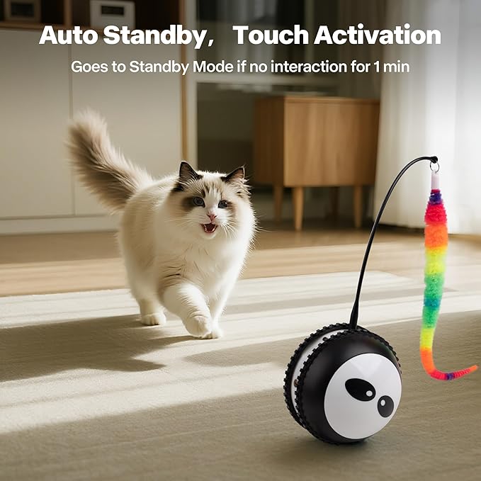 Pet Prime Interactive Cat Toy Motion Activated Cat Laser Toy Automatic Self Moving Ball with Bird Chirping,Rechargeable Exercise Stimulation Toys for Bored Black