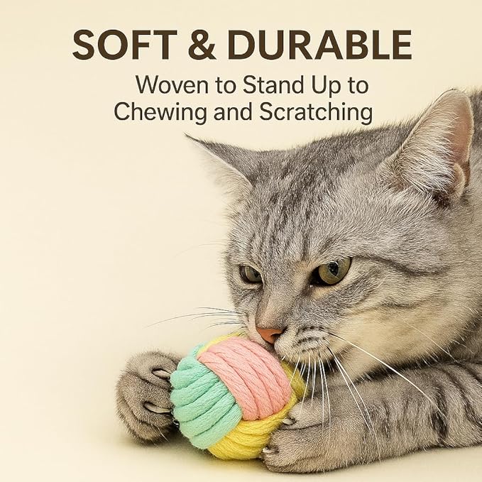 Cat Chew Balls – 6-Pack Rope Cat Toys with Crinkle Sound, Soft and Durable, for Indoor Cats, Kittens, Teeth & Gum Health