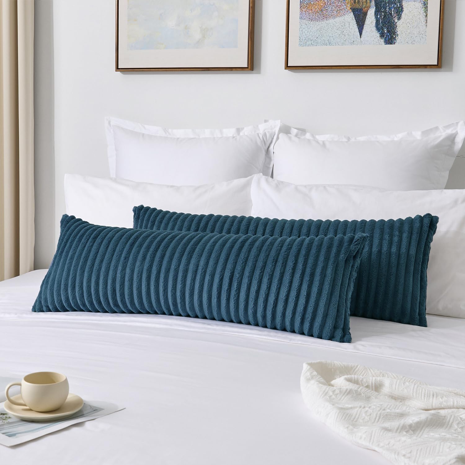 Kevin Textile Soft Plush 12x20 Inch Lumbar Pillow Cover 1 Pack, Luxury Fluffy Faux Fur Striped Flannel Rectangle Cushion Case for Couch Sofa Chair Bed Home Decor, Blue