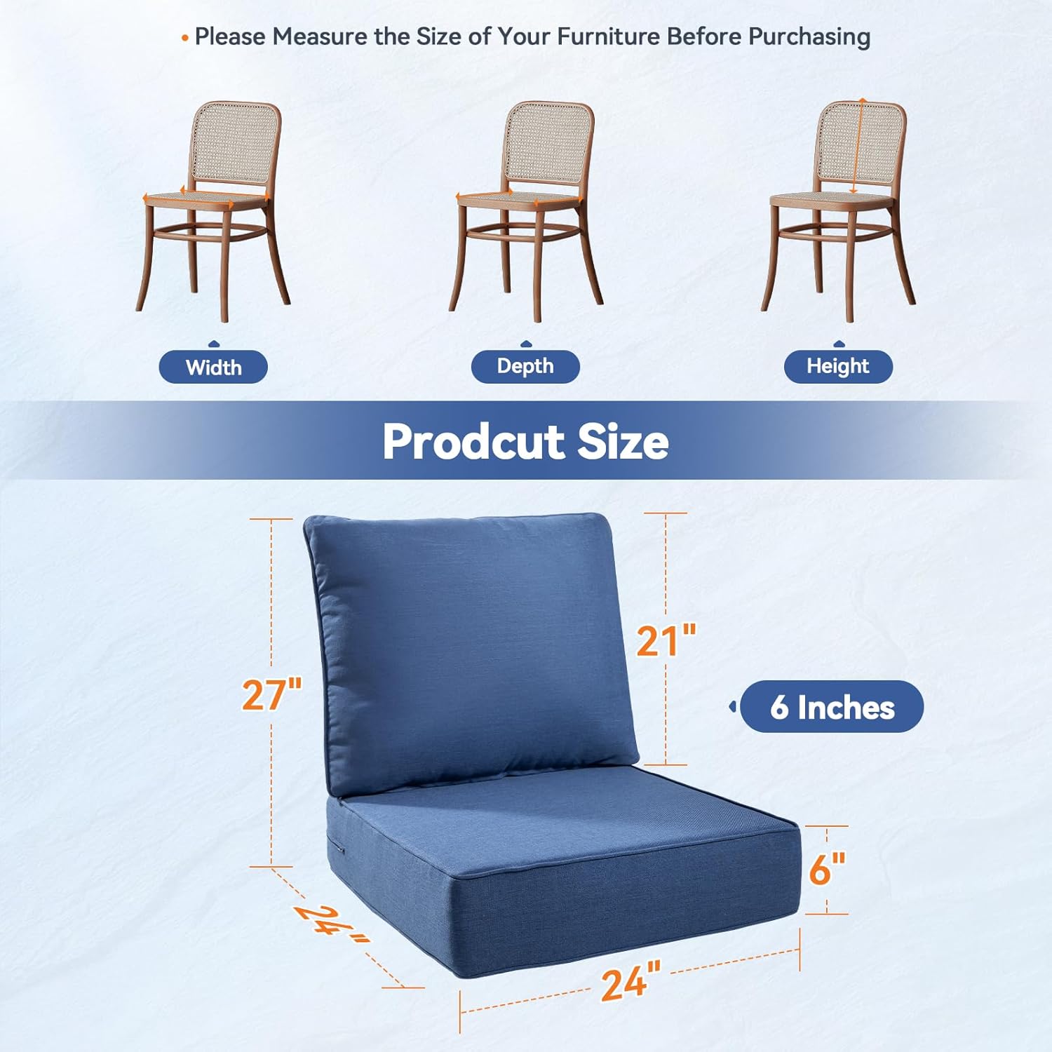 Luxury 6" Outdoor Cushions for Patio Furniture, 24x24x6" Thick Seat Cushion Set of 7, Fade Resistant Couch Chair Replacement Cushions High Density Deep Wicker Chair Cushion w/ Removable Cover, Blue