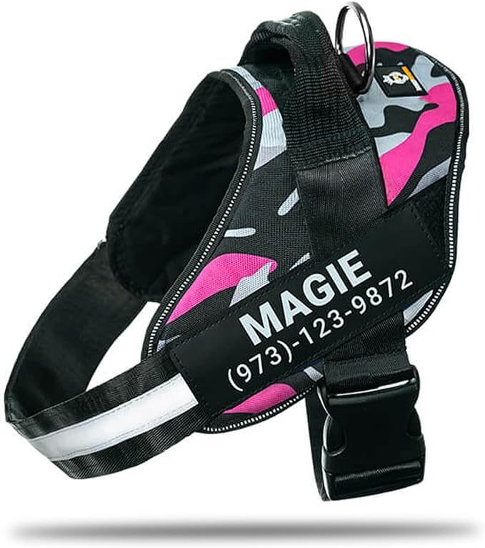 Personalized No-Pull Dog Harness with Name Patch, Adjustable, Reflective, Padded, Heavy Duty Pet Vest to Prevent Tugging, Pulling, or Choking, Training and Walking, Camouflage Pink, L