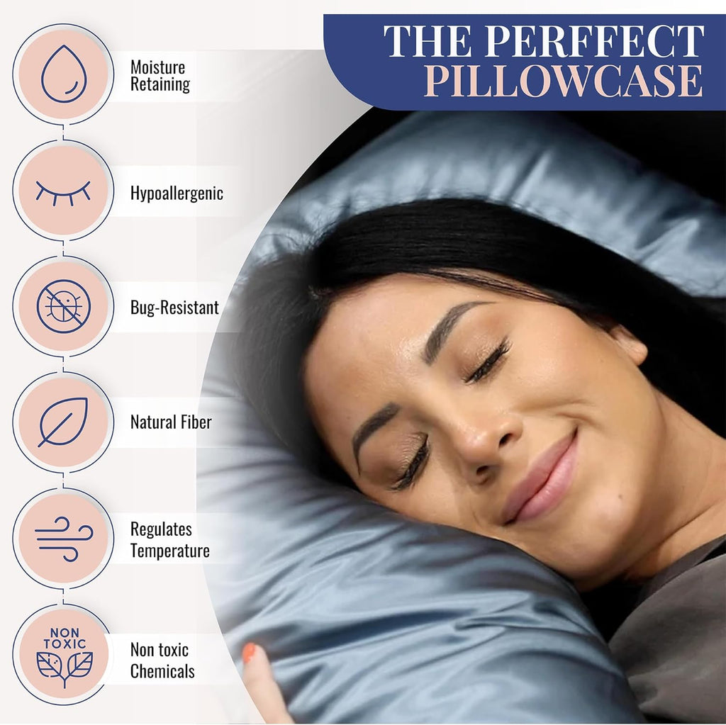 Blissy Silk Pillowcase - 100% Pure Mulberry Silk - 22 Momme 6A High-Grade Fibers - Silk Pillow Cover for Hair & Skin - Regular, Queen & King (Ash Blue, Queen)
