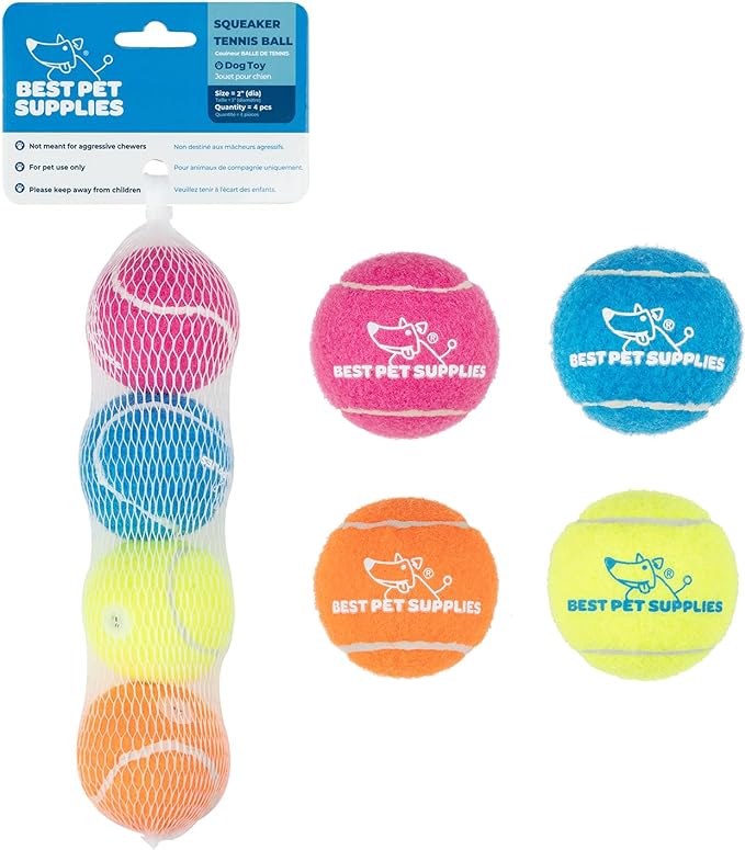 Best Pet Supplies Squeaky Tennis Toys for Dogs, 4-Pack, Heavy-Duty Interactive Pet Toys for Throwing and Fetching, Supports Exercise and Natural Behavior Training, Durable - Small