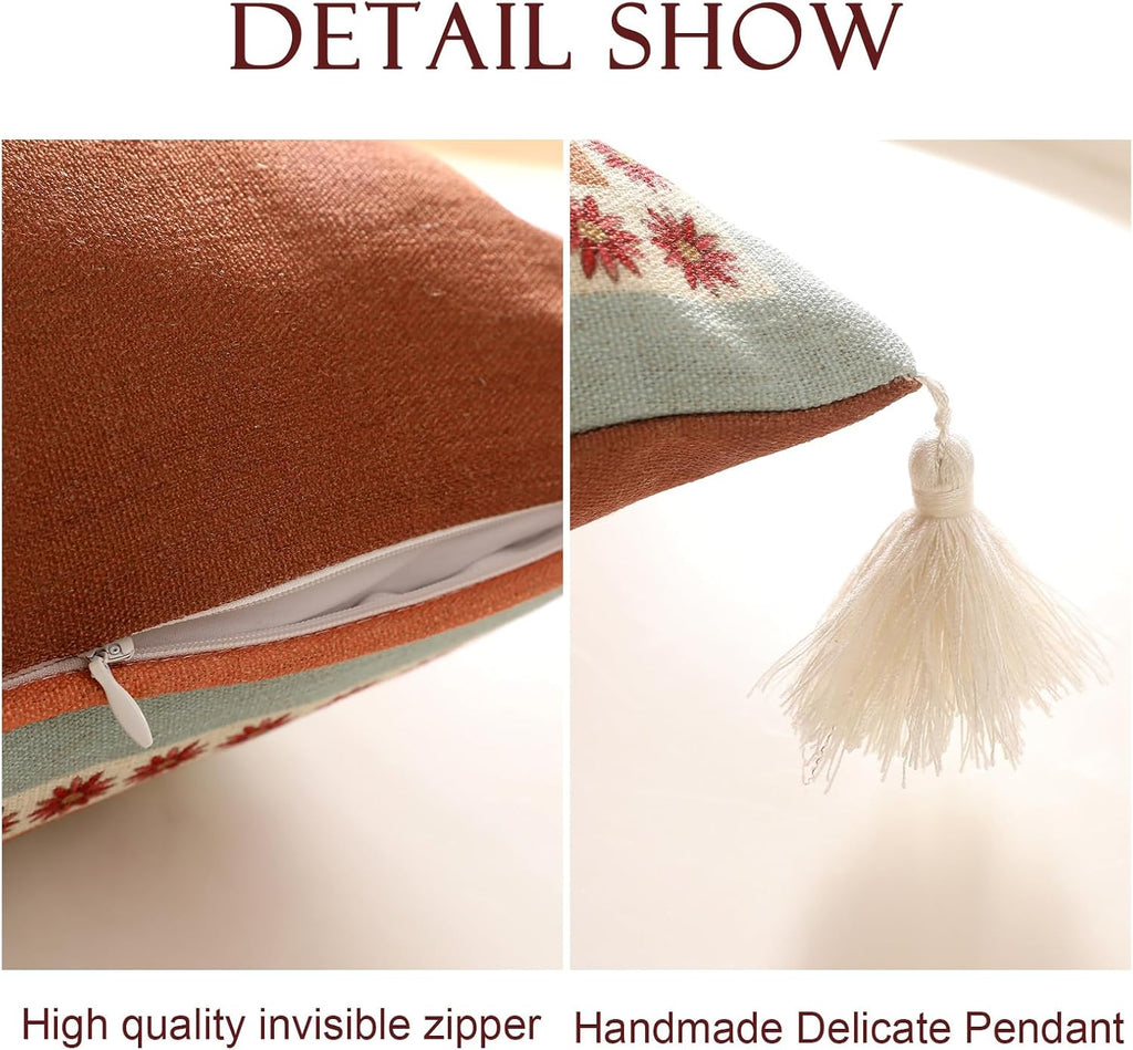 Blue Throw Pillow Covers,Cottage Rustic Farmhouse with Wild Flowers Pattern Linen Pillowcases,Decorative Square Pillows Cushion Cover for Couch Sofa Bed Chair Car,18x18 Inches