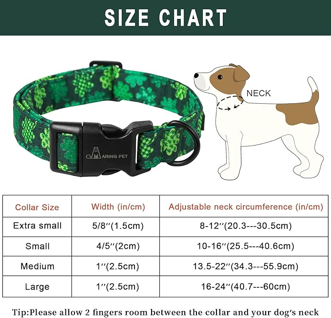 ARING PET St Patrick's Day Dog Collar-Cute Clovers Dog Collar, Adjustable Cotton Shamrock Pet Collar Trefoil Puppy Collars with Quick Release Buckle
