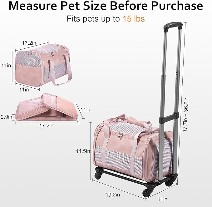 Airline Approved Pet Carrier with Wheels, Rolling Soft Sided Dog Cat Travel Bag, Premium Fashion Leather Small Pet Carrier Purse for Puppies and Cats Pink