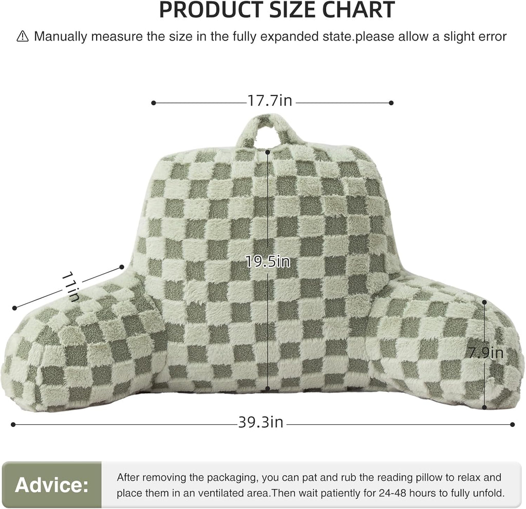 Aimuan Reading Pillow Checkered Bed Rest Wedge Backrest Checkerboard Pillow with Arms Back Support for Sitting Up in Bed Cushion Incline Rest Sleeping Snoring Pillow, Light Green Large