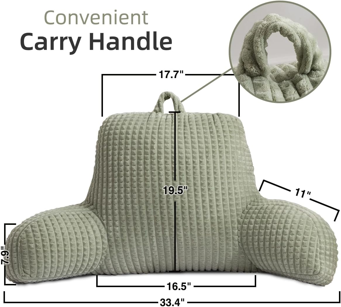 Holawakaka Reading Pillow for Bed and Sofa Couch Sitting Up, Backrest Pillows with Arms for Kids Teens Adults, Back Support Cushion for Lounging, Watching TV, Working on Laptop, Green