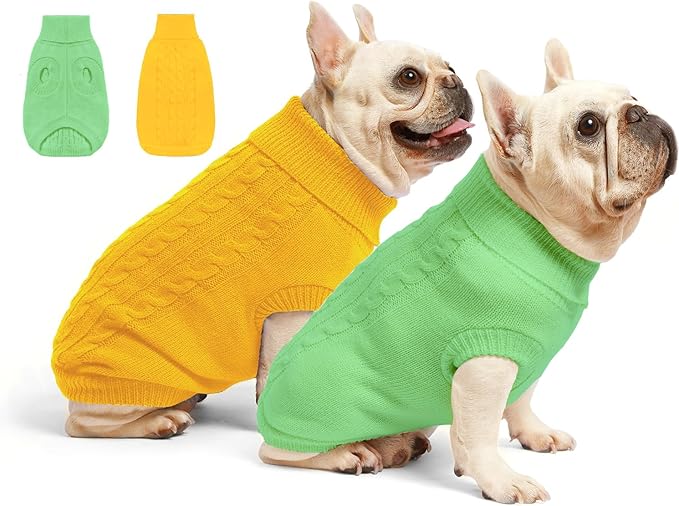 2 Pack Dog Sweaters for Small Dogs - Puppy Medium Warm Clothes in Winter, Turtleneck Pullover Design for Boy Girl Pet, Doggie, Cat, Kitten Chihuahua Bulldog Pug Beagles (M, Yellow, Green)