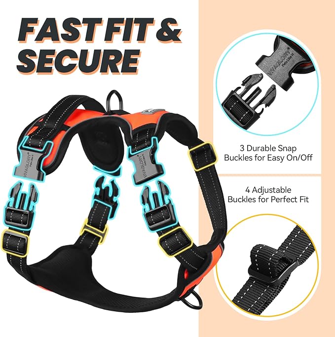 VIVAGLORY Dog Harness Easefit No Pull Dog Harness with Front Clip & Handle for Lifting Training, Adjustable Padded No-Pull Anti Pull Easy On for Puppy & Pet, L, Orange