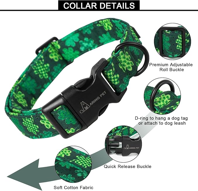 ARING PET St Patrick's Day Dog Collar-Cute Clovers Dog Collar, Adjustable Cotton Shamrock Pet Collar Trefoil Puppy Collars with Quick Release Buckle