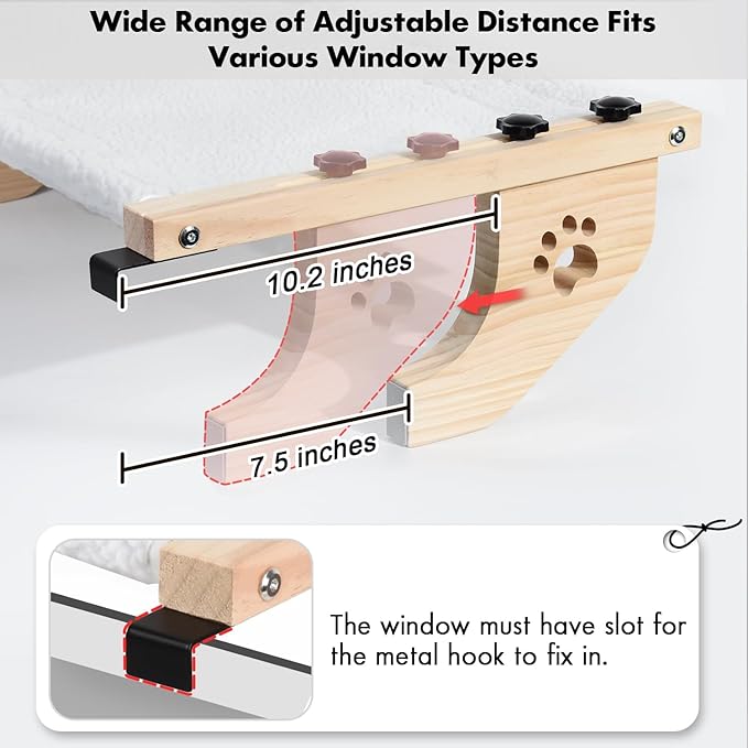 AMOSIJOY Cat Sill Window Perch Sturdy Cat Hammock Window Seat with Wood & Metal Frame for Large Cats, Easy to Adjust Cat Bed for Windowsill, Bedside, Drawer and Cabinet (24.4''-White Plush)