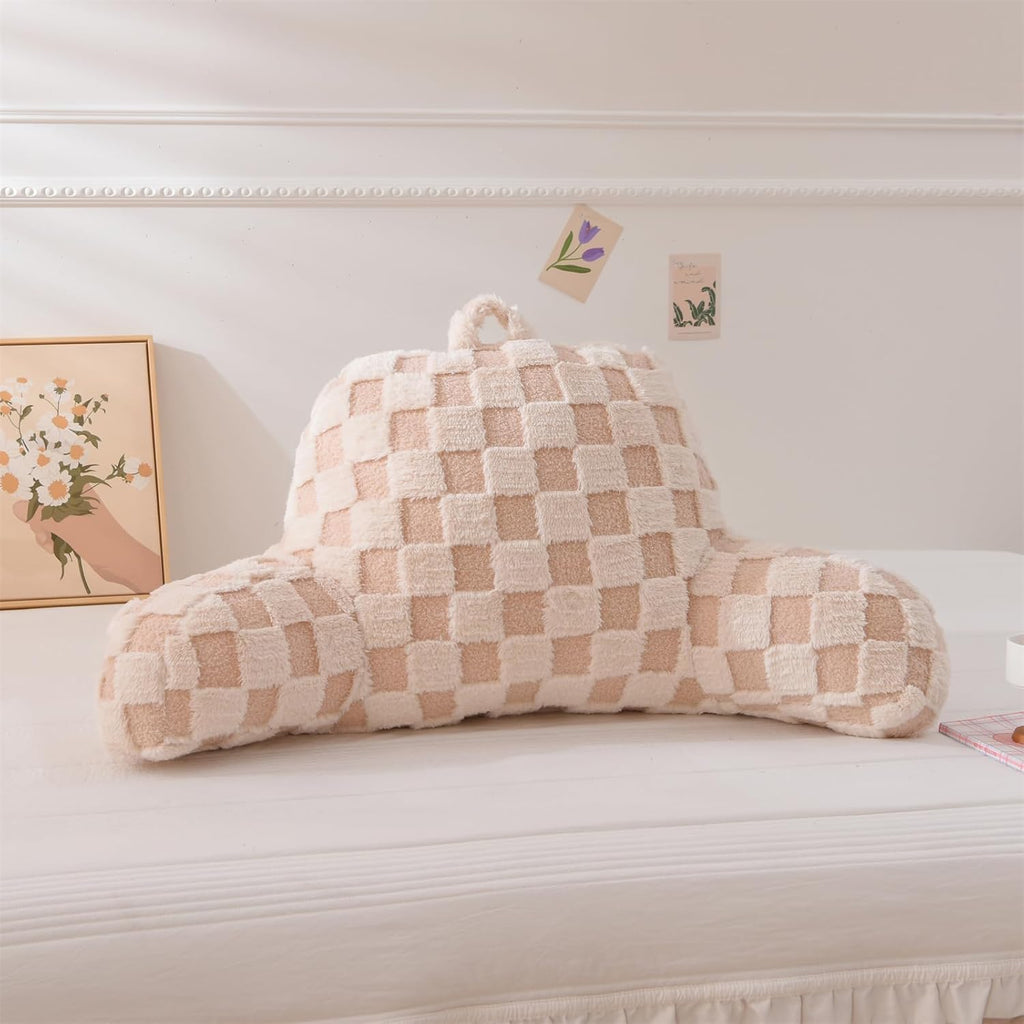 Aimuan Reading Pillow Checkered Bed Rest Wedge Backrest Checkerboard Pillow with Arms Back Support for Sitting Up in Bed Cushion Incline Rest Sleeping Snoring Pillow (Beige,Standard)