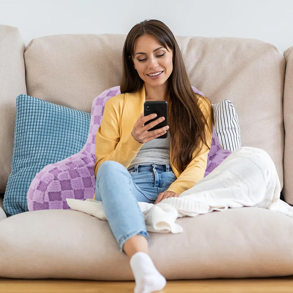 A Nice Night Faux Fur Reading Pillow,Checkered Fluffy Grid Plaid,Bed Wedge Pillow Large Adult Children Backrest with Arms for Bedrest,Purple