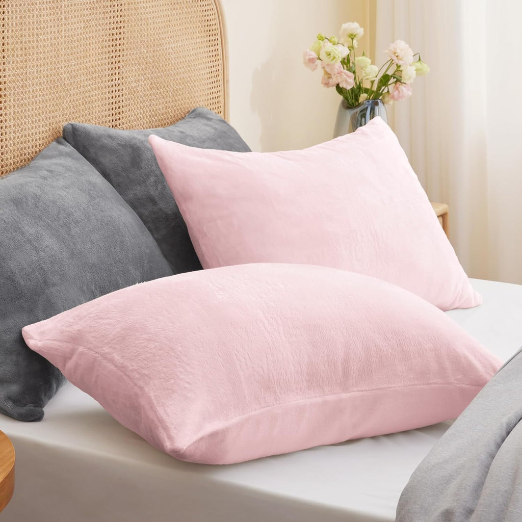 BEDELITE Flannel Pillow Cases Queen Size Set of 2, Super Soft Fleece Pillowcases with Zipper for Bedroom, Sofa, Couch,Luxury Cozy Fuzzy Velvet Pillow Shams for All Seasons(20x30 Inches,Pink)