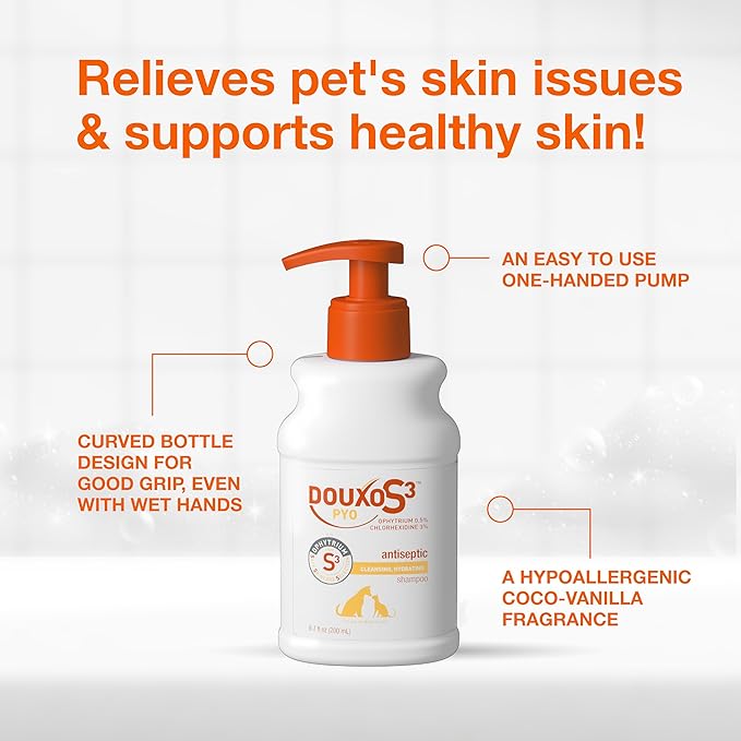 Douxo S3 Pyo Shampoo, Contains 3% Chlorhexidine & 0.5% Ophytrium, Antiseptic & Hydrating, For Bacterial or Yeast Skin Infections, For Dogs and Cats, 6.7 fl. oz. (200mL)
