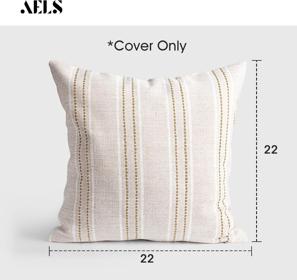 AELS 22x22 Decorative Farmhouse Linen Throw Pillow Covers, Boho Textured Pillow Case, Set of 2, Beige with White & Brown Stitch Yarn Dyed Stripe Cushion Cover for Sofa Couch Living Room (Cover ONLY)