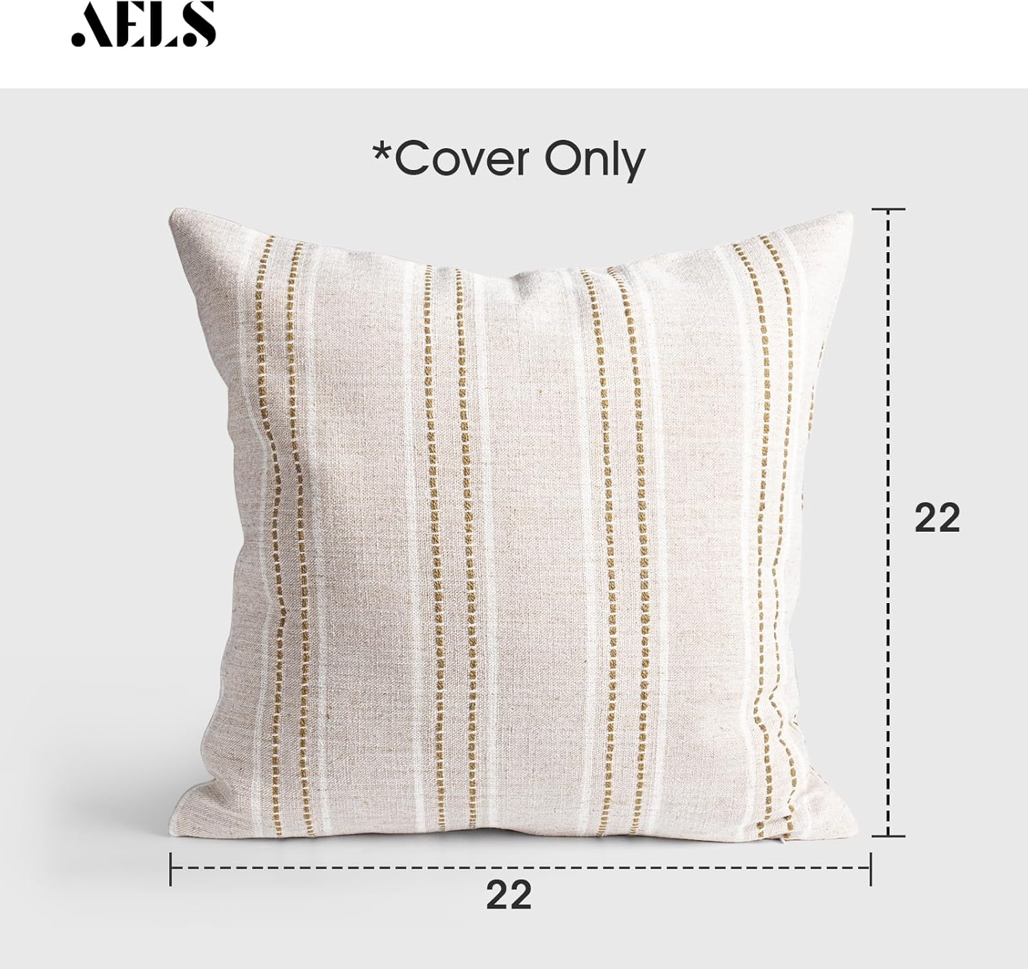 AELS 22x22 Decorative Farmhouse Linen Throw Pillow Covers, Boho Textured Pillow Case, Set of 2, Beige with White & Brown Stitch Yarn Dyed Stripe Cushion Cover for Sofa Couch Living Room (Cover ONLY)
