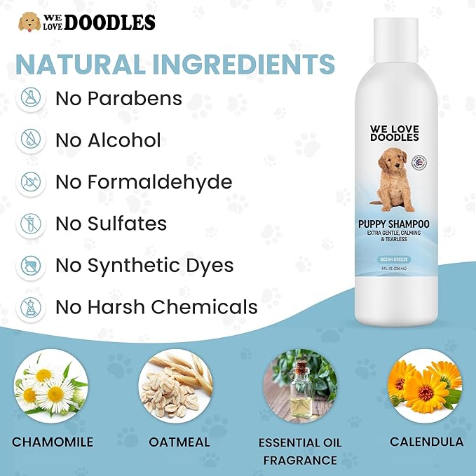 Puppy Shampoo & Conditioner | Made in USA | Tear Free | Best Shampoo for Puppies | Sensitive & Itchy Skin Wash | Oatmeal Bathing | Tearless, Ocean Breeze, 8oz [We Love Doodles]