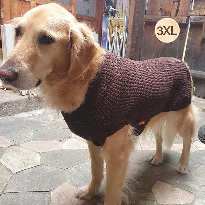 KYEESE Dog Sweater for Large Dogs with Leash Hole Warm Pullover with Reflective Yarn Male Thick Stretchy Knitwear Winter Soft Pet Coat boy for Cold Weather Comfy Dog Sweaters, Khaki, XXX-Large