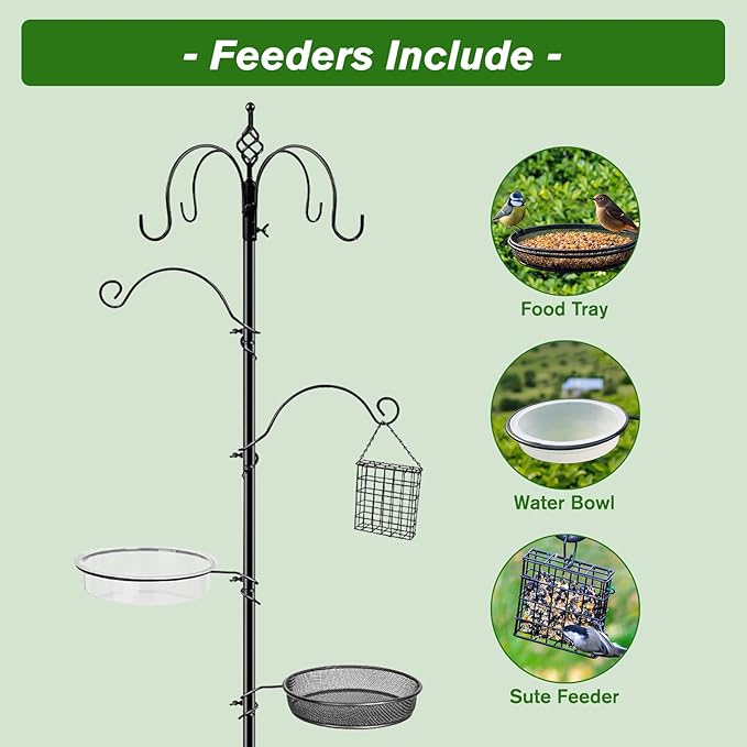 Bird Feeding Station, 90.55in 6-Hook Wild Bird Feeder Stand Pole with Water & Mesh Tray Humming Bird Feeders for Outdoors Easy Assembly for Courtyards Gardens (Black)
