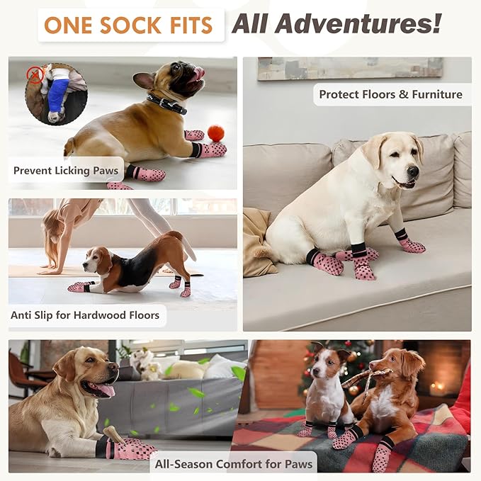 Non Slip Dog Socks to Prevent Licking Paws Grippy Socks for Senior Dog on Hardwood Floors Anti Slip Dog Socks for Hot Pavement Double Side Paw Protector Prevent Scratching Pink M