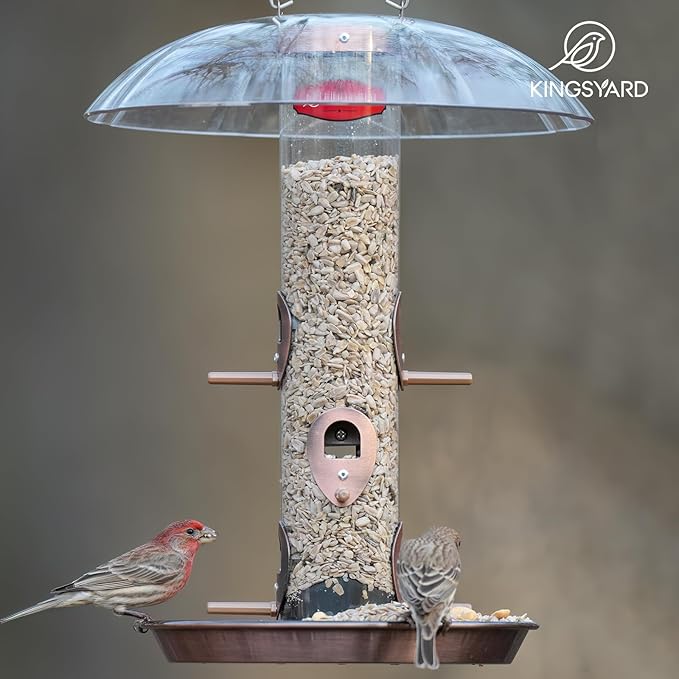 Kingsyard Metal Bird Feeders for Outdoors Hanging, Wild Bird Feeder for Finch Cardinal, Large Tray and Rainproof Dome, 2 lbs Seeds Capacity (Antique Copper)