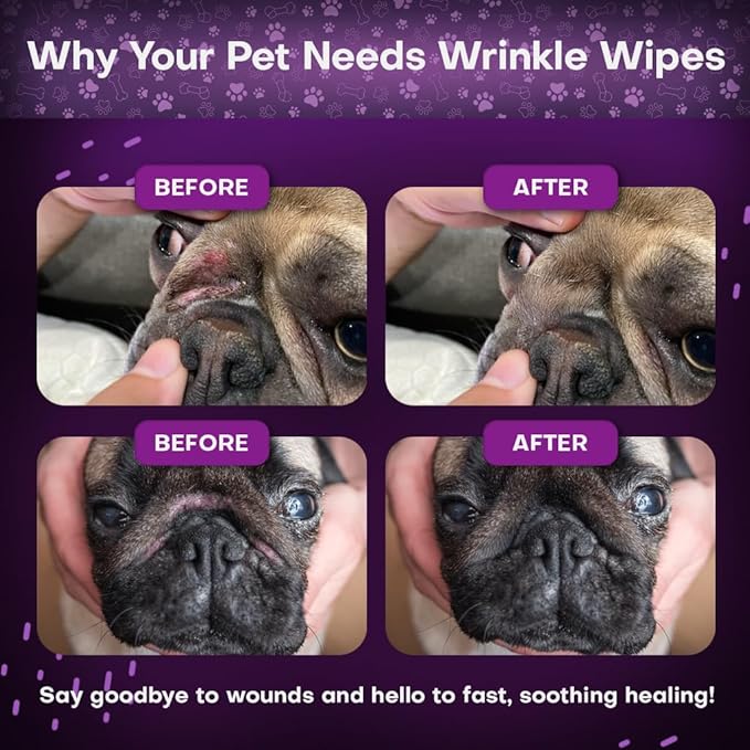 Wrinkle Wipes for Dogs 50 Count | 3X Larger Dog Face Wipes for French Bulldog and Pug - Cleanse Skin Folds, Tear Stains, Tail Pockets | Anti-Itch, Soothing, & Hypoallergenic with Coconut Oil