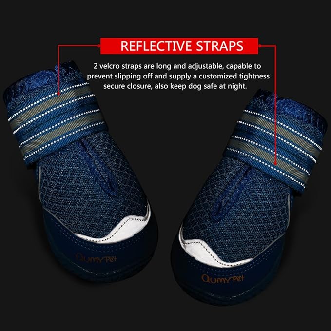 QUMY 4PCS Dog Boots for Large Dogs, Medium Dog Shoes & Paw Protectors for Hot Pavement, Summer Heat Protection, Mesh Breathable Nonslip Dog Booties for Hardfloors, Walking Running Hiking Blue Size 1
