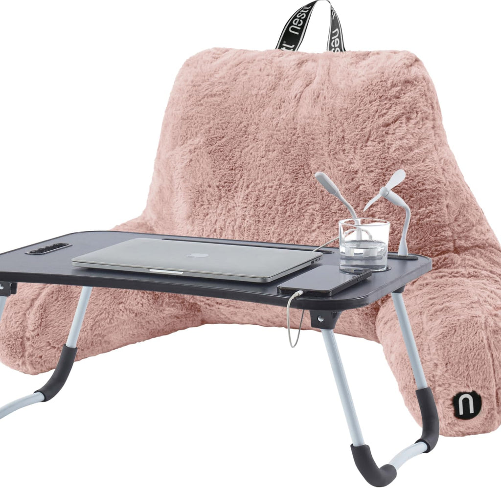 Nestl Fur Reading Pillow with Laptop Lap Desk, Stylish Back Pillow for Sitting Up, Lap Desk with Reading Pillows for Sitting in Bed Adult & Kids, Faux Fur Chair Pillow with Arms - Peach Beige