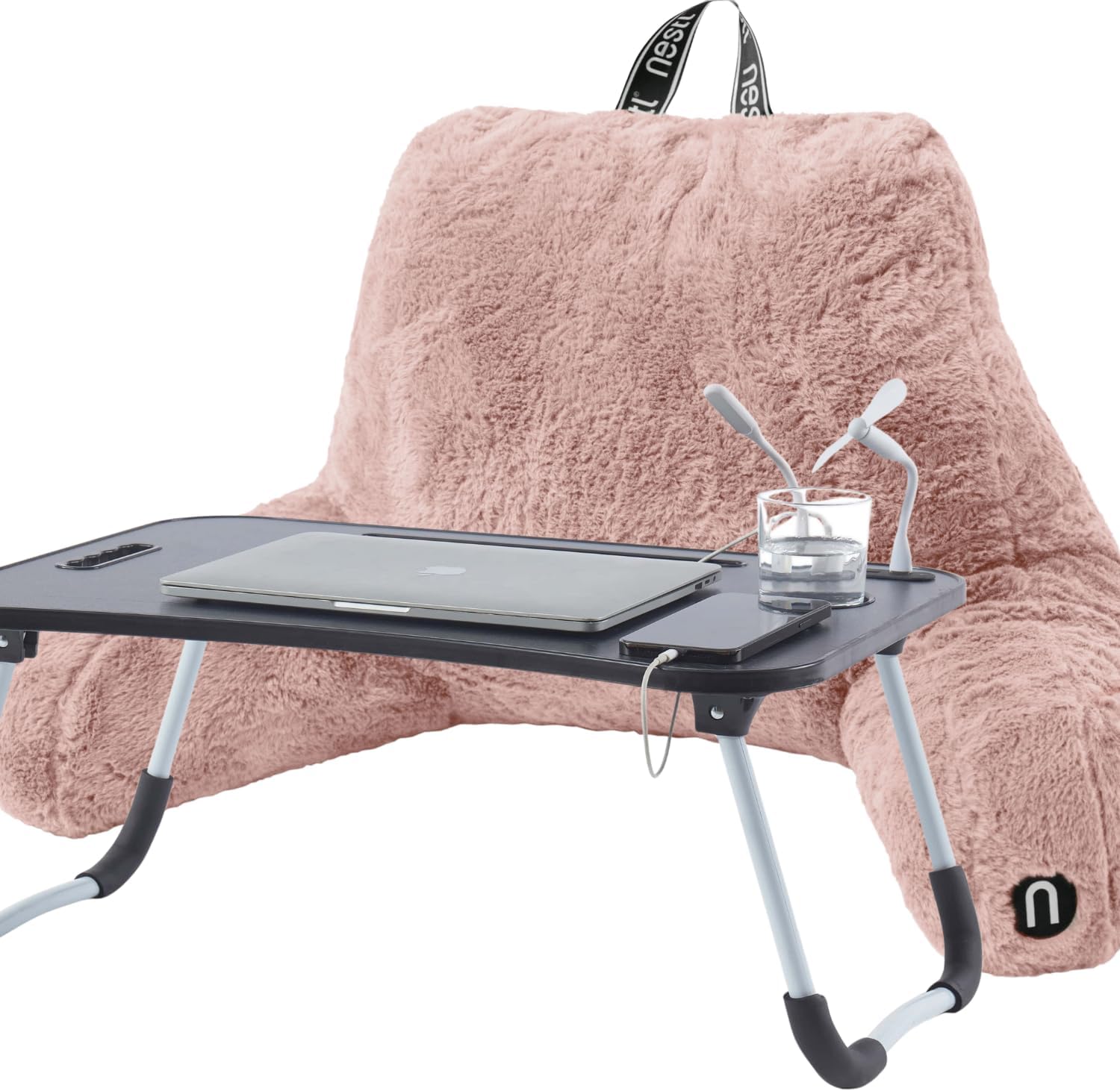 Nestl Fur Reading Pillow with Laptop Lap Desk, Stylish Back Pillow for Sitting Up, Lap Desk with Reading Pillows for Sitting in Bed Adult & Kids, Faux Fur Chair Pillow with Arms - Peach Beige
