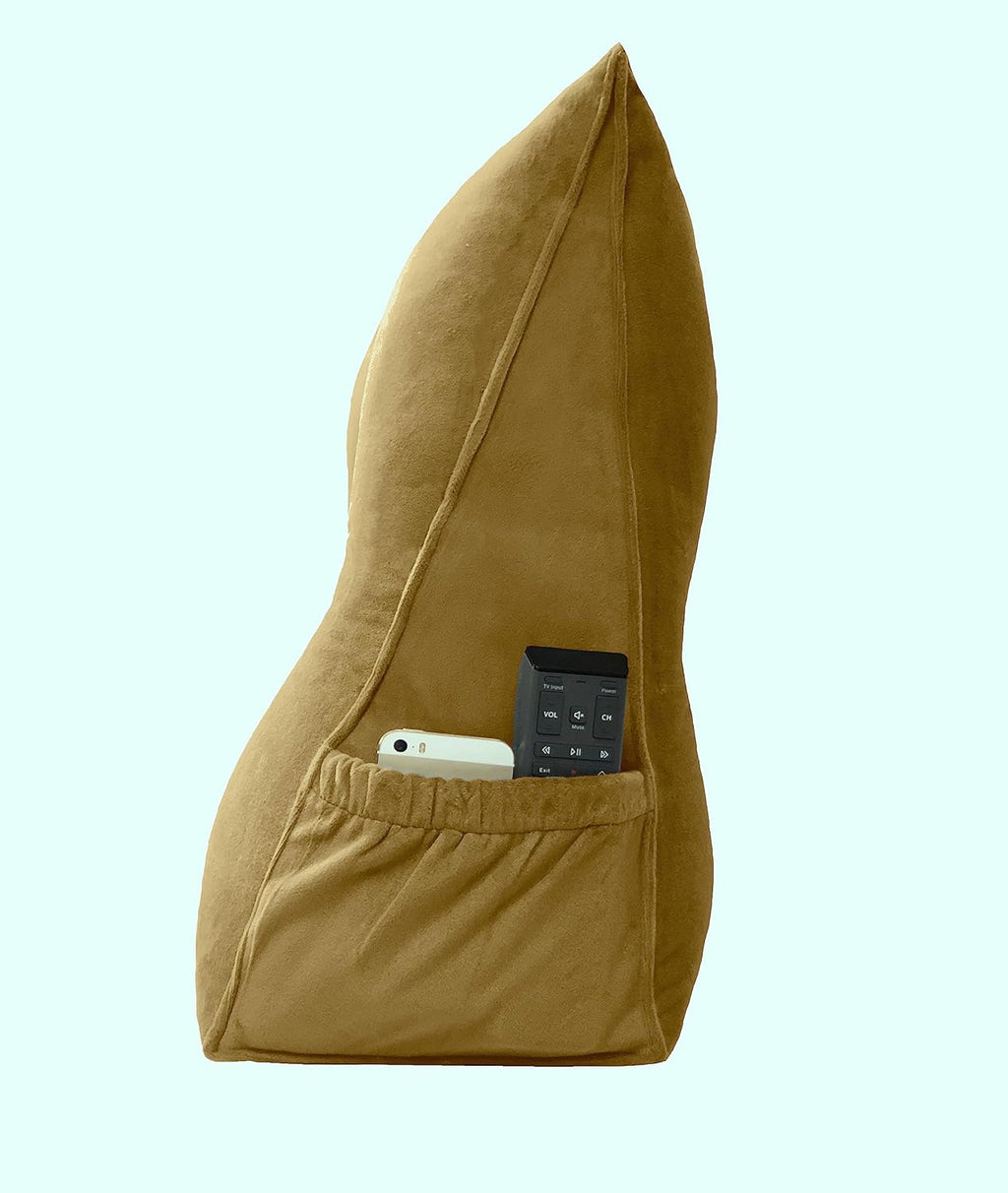 Triangular Reading Bed Rest Pillow Large Bolster Cushion Headboard Backrest Wedge Pillow with Removable Cover and Two Large Side Pockets (Golden Brown, Queen: 59 x 8 x 20 inches)