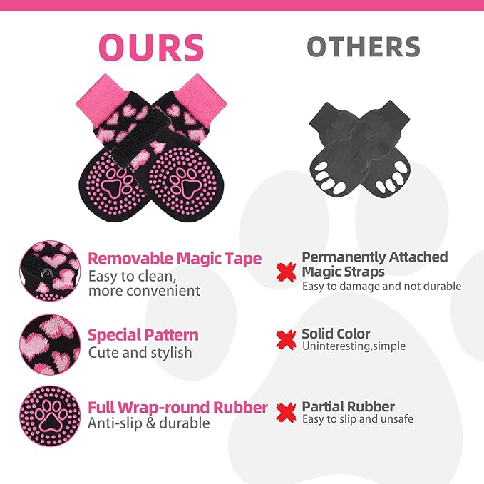 KOOLTAIL Anti Slip Dog Socks for Hot/Cold Pavement to Prevent Licking Paws,Dog Boots&Paw Protector with Grippers for Hardwood Floors,Pink Heart Valentine's Socks Booties for Small Medium Large Dogs SM