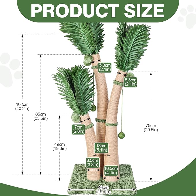 40'' Tall Cat Scratching Post Cat Tree, 3 Curved Design Palm Tree Cat Scratching Post with 8 Interactive Balls, Natural Sisal Rope Cat Scratchers for Indoor Cats, Multi-Combinable (Style D)
