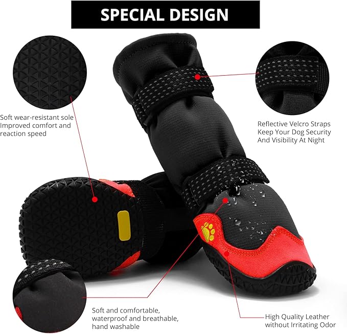 Dog Shoes for Hot Pavement Anti-Slip Dog Boots & Paw Protectors for Summer Rainy Day Dog Snow Boots Waterproof Dog Shoes for Small Medium Large Dogs with Reflective Straps for Hiking 4Pcs