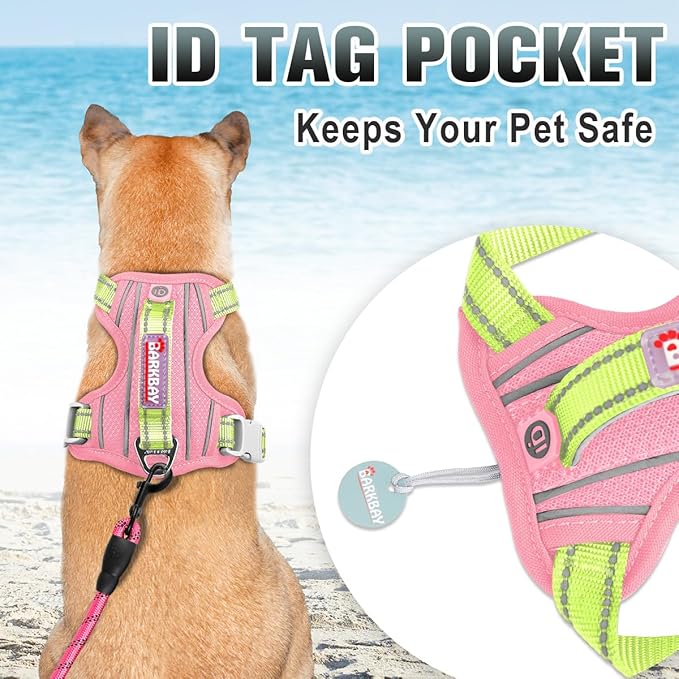 BARKBAY No Pull Dog Harness Large Reflective Dog Harness with Front Clip and Easy Control Handle for Walking Training Running with ID tag Pocket(Baby Pink & Sunlight,S)