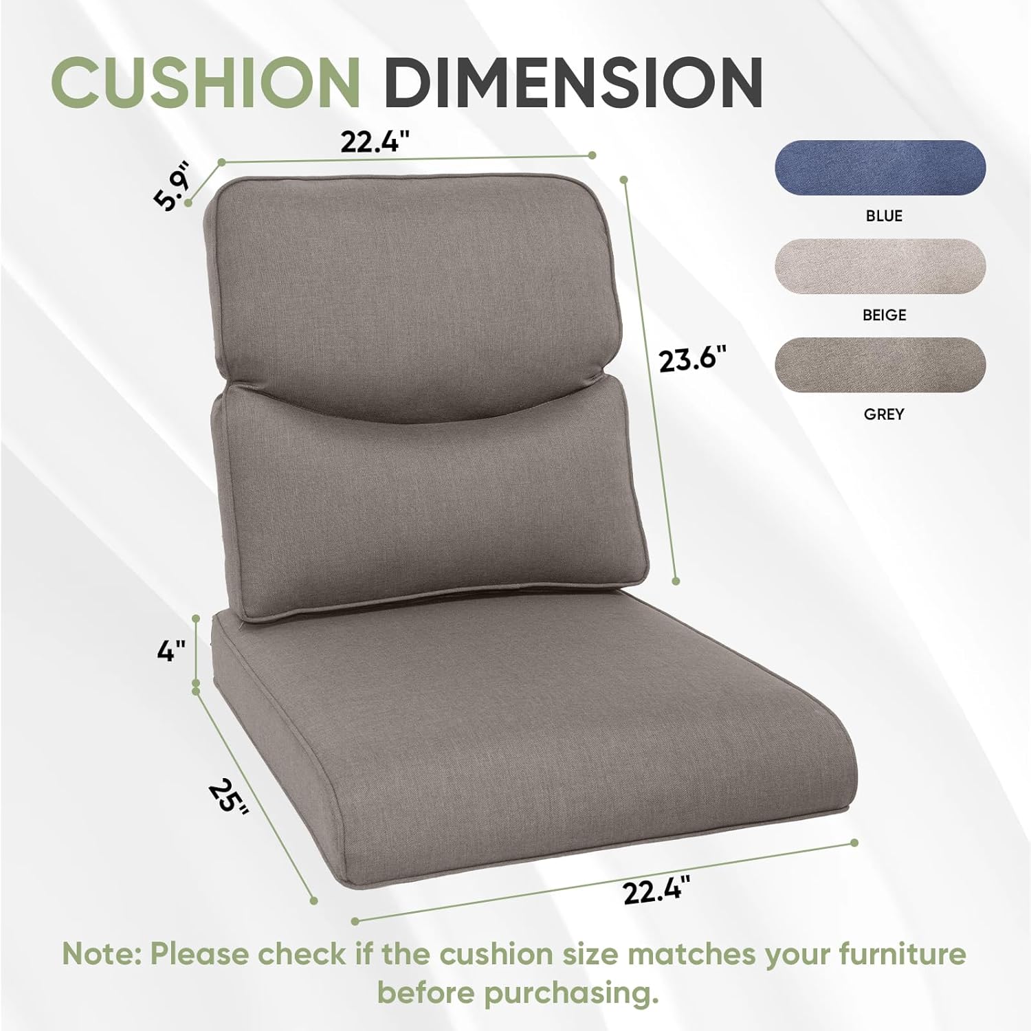 Outdoor Chair Cushion Set of 2, Waterproof Outdoor Seat Cushions 25x22, Patio Chair Cushions for Outdoor Furniture, Couch Cushion Replacement, Include 2 Back & 2 Seat Cushions, Smile/Grey