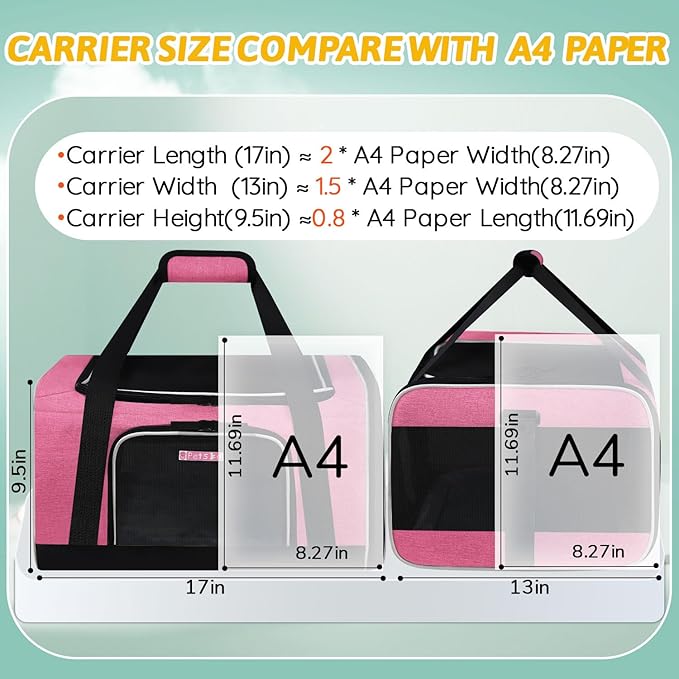 Petskd Pet Carrier 17x13x9.5 Southwest Airline Approved,Pet Travel Carrier Bag for Small Cats and Dogs, Soft Dog Carrier for 1-15 LBS Pets,Dog Cat Carrier with Safety Lock Zipper (Pink)