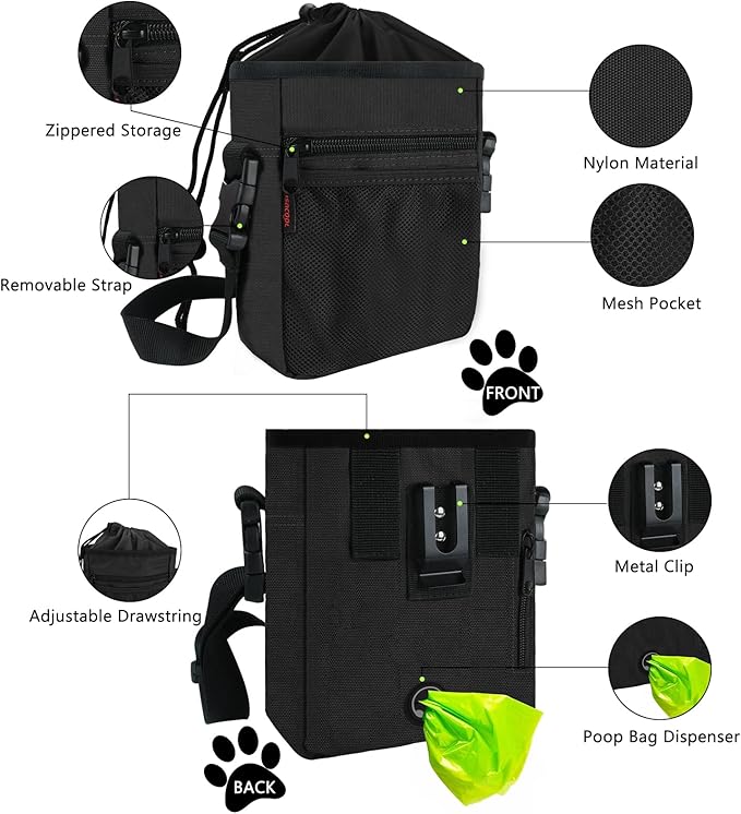 SZO Dog Treat Pouch - 3 Ways to Wear Treat Pouches for Pet Training, Dog Training Treat Pouch Bag and 2 Pieces Clicker Taining for Dogs with Waist Belt Shoulder Strap-Max Black