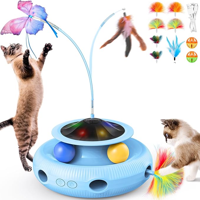 Pawtners Interactive Cat Toy 4 in 1 Automatic Cat Toy for Indoor Cats, Self Play Kitty Toy with Fluttering Butterfly, Track Ball and Feather Pack, Blue