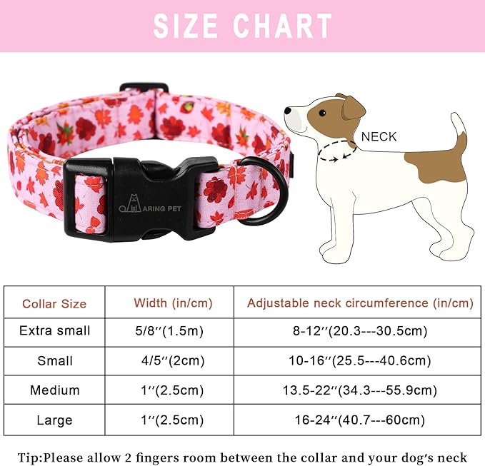 ARING PET Fall Dog Collar Pink Maple Leaf Rugby Dog Collars, Cotton Lightweight Thanksgiving Turkey Dog Collars Puppy Collar for Small Medium Large Dogs