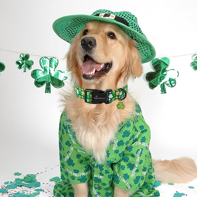 ARING PET St Patrick's Day Dog Collar-Cute Green Clovers Dog Collars, Adjustable Shamrock Pet Collars Trefoil Puppy Collar Gifts with Quick Release Buckle for Girl&Boy Dogs