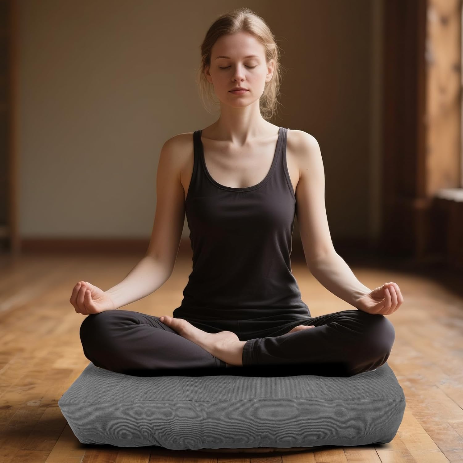 Meditation Floor Pillow Set of 2, Square Large Pillows Seating for Adults, Tufted Corduroy Cushion for Tatami Living Room, 22x22 Inch FP-Grey