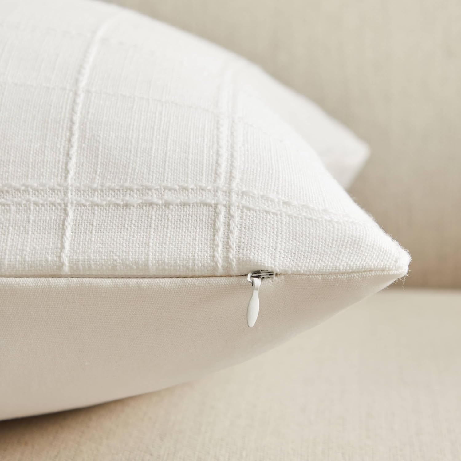 ZeeMart Linen Checked Throw Pillow Covers Set of 2, 22x22 Inch White/Natural White, Farmhouse Decorative Single Sided Grid Embroidered Couch Pillow Cases Cotton Linen Cushion Covers