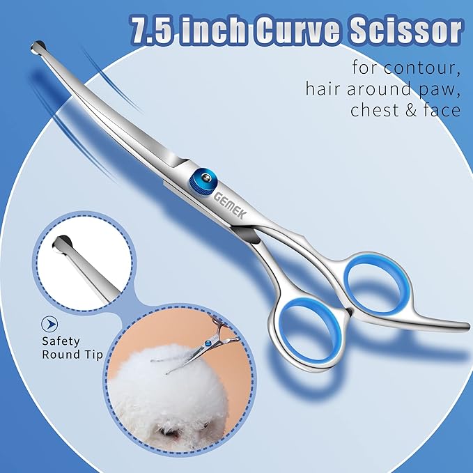 GEMEK Professional Grooming Scissors for Dogs with Safety Round Tips, Dog Grooming Scissors Set - Thinning, Straight, Curved Shears and Comb for Long Short Hair for Dog Cat Pet (Blue-5 in 1)